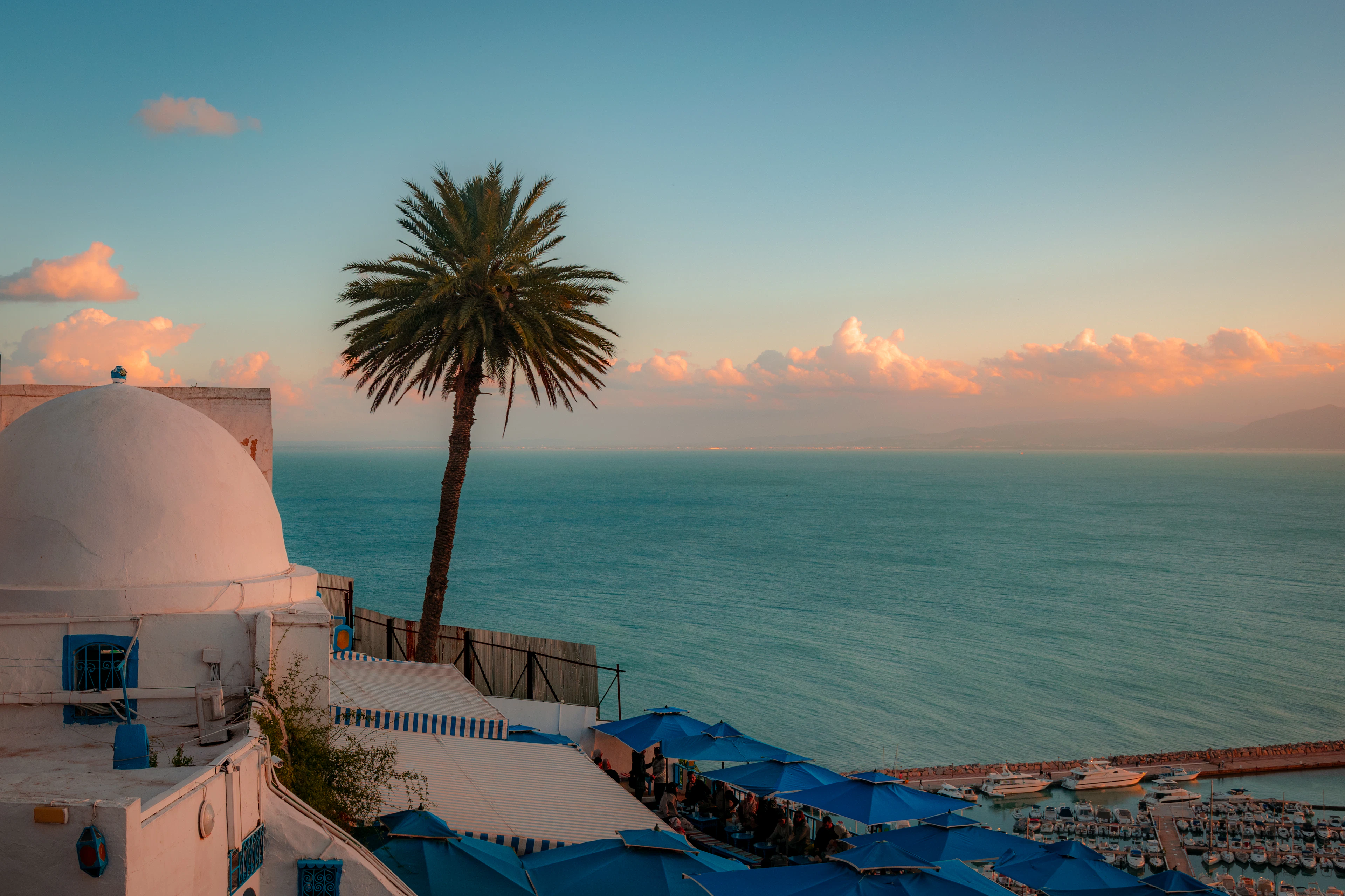 A white domed rooftop and a lone palm tree overlook the sea at sunset, blue umbrellas lining the shore below.