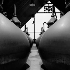 A black and white photo of two large vases