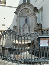 An iron fence surrounding a fountain in front of a building