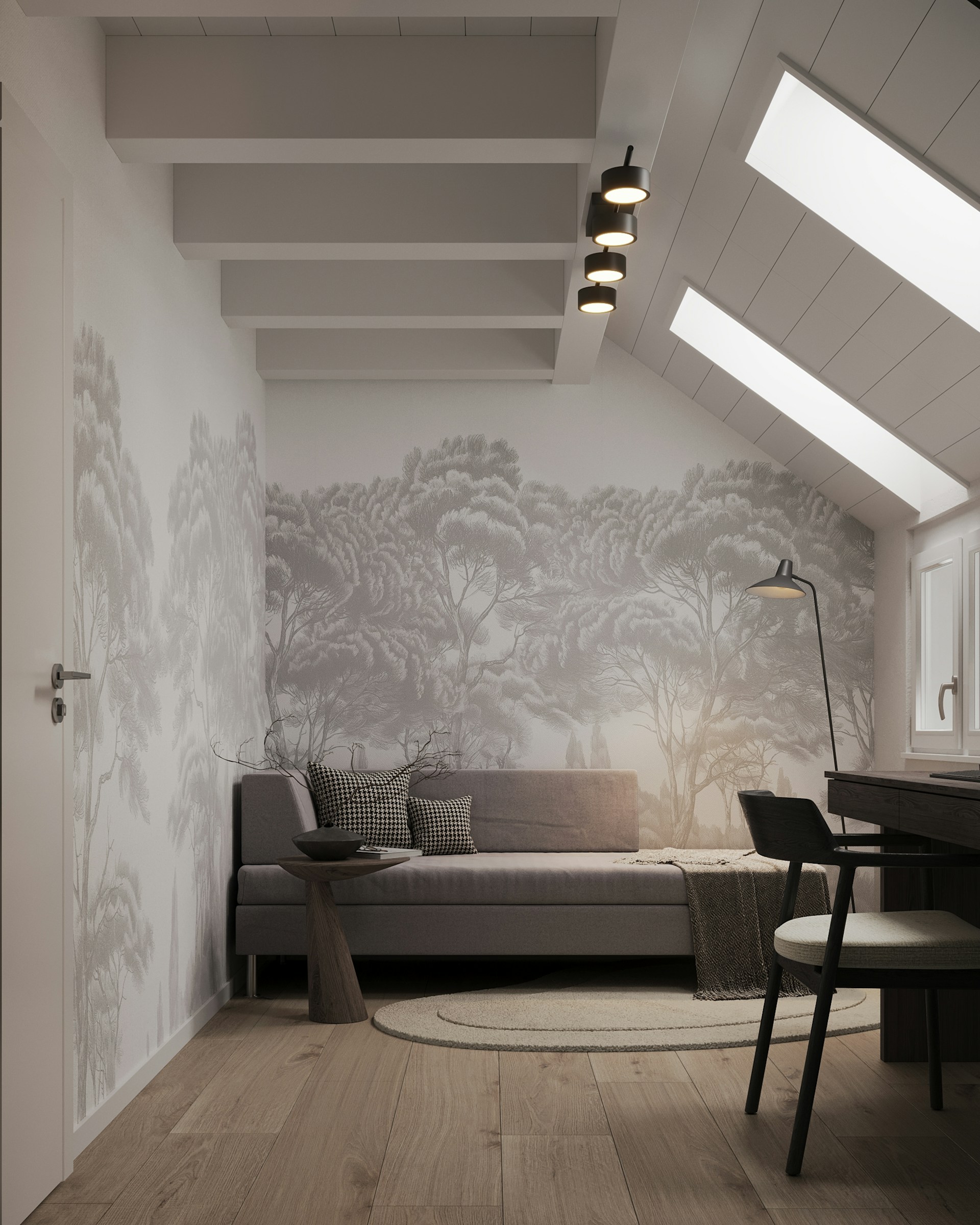 A living room with a couch a table and a chair