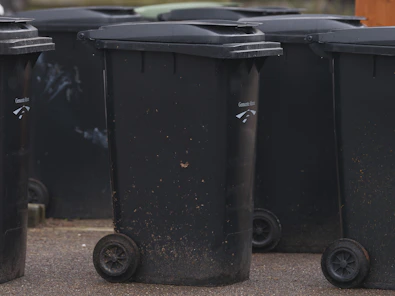 A row of black trash cans sitting on the side of a road