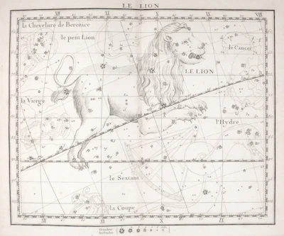 An antique celestial map of the constellation leo.