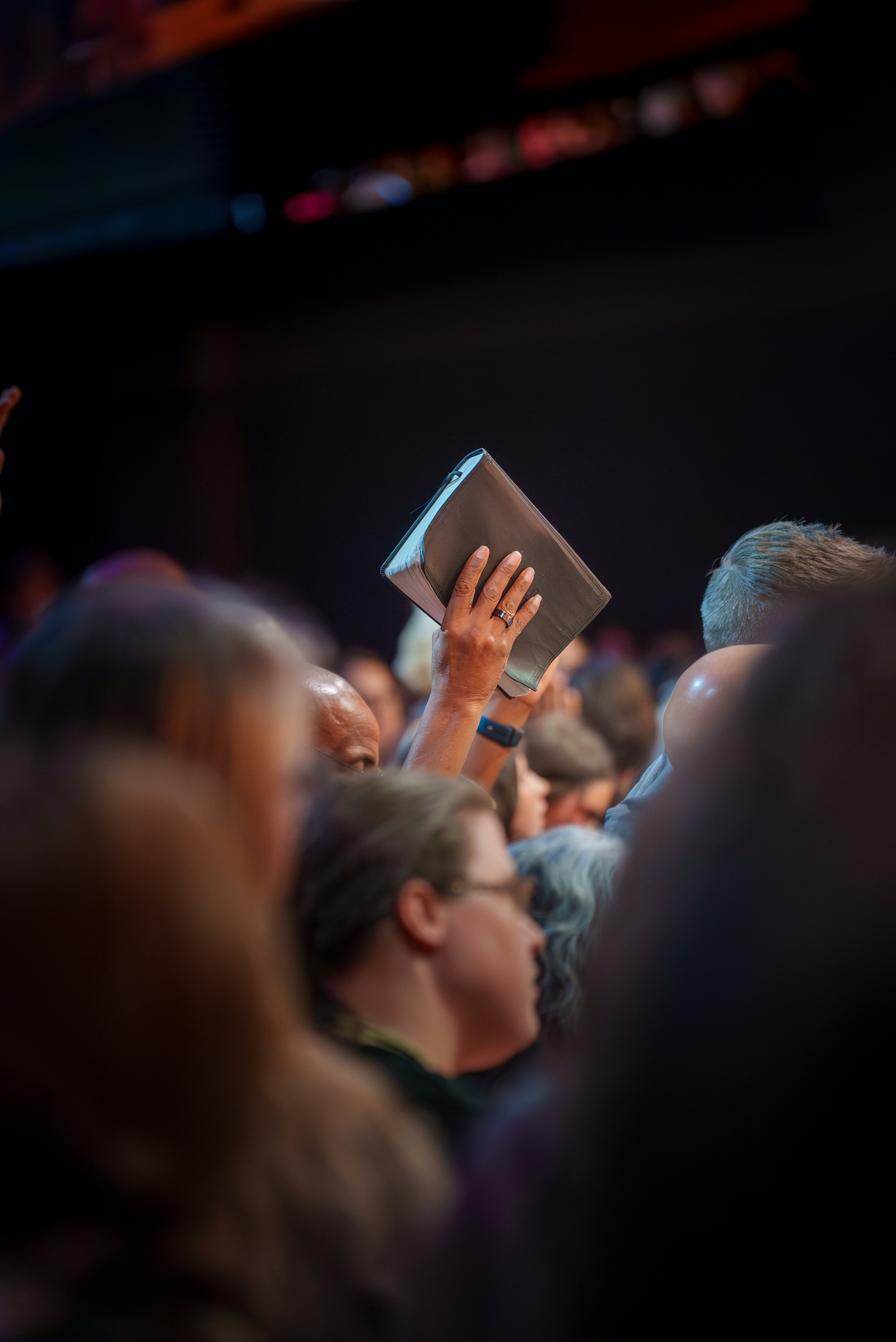 A crowd of people at a concert with their hands in the air
