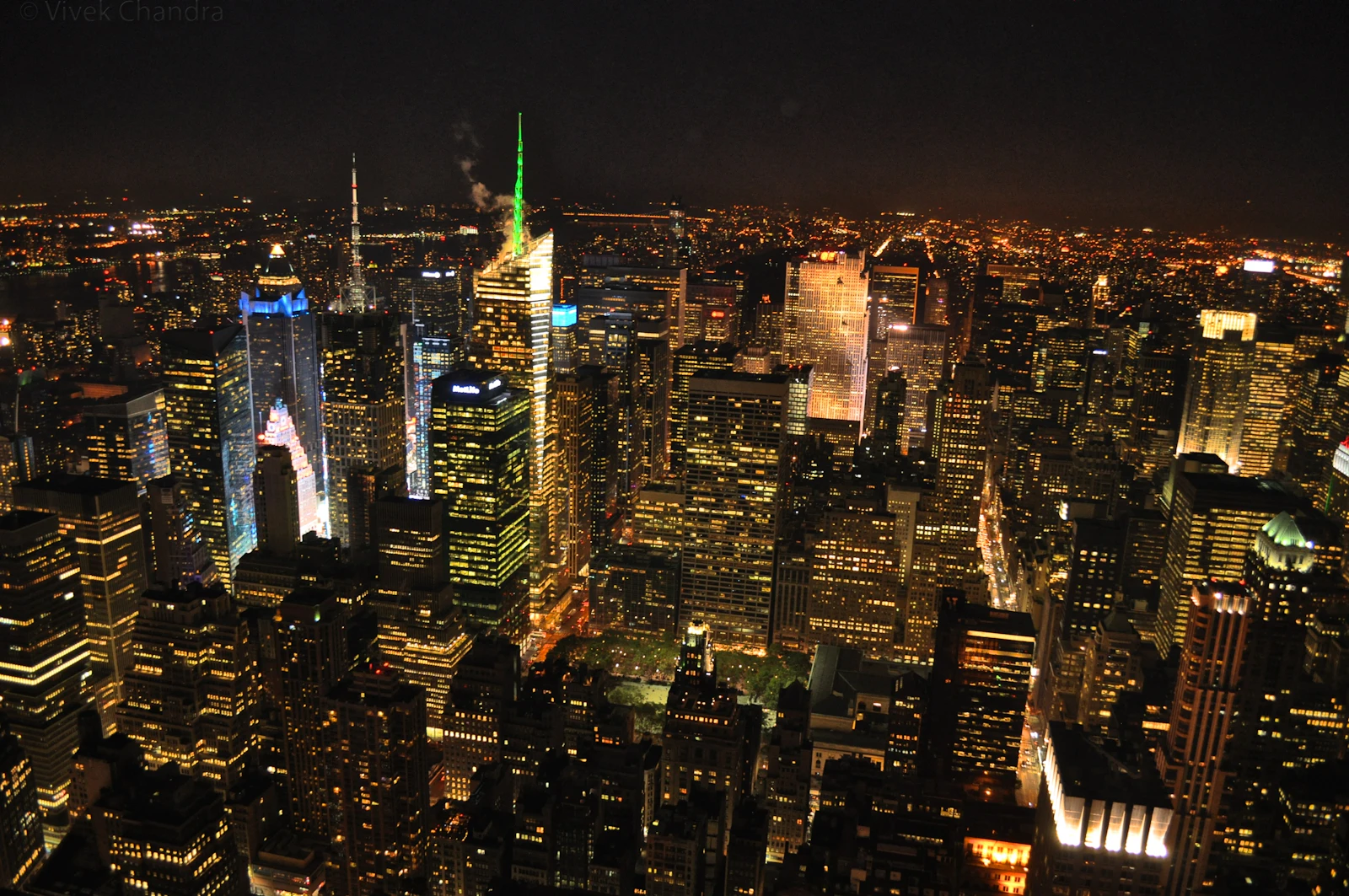 City skyline view from a high vantage point at night