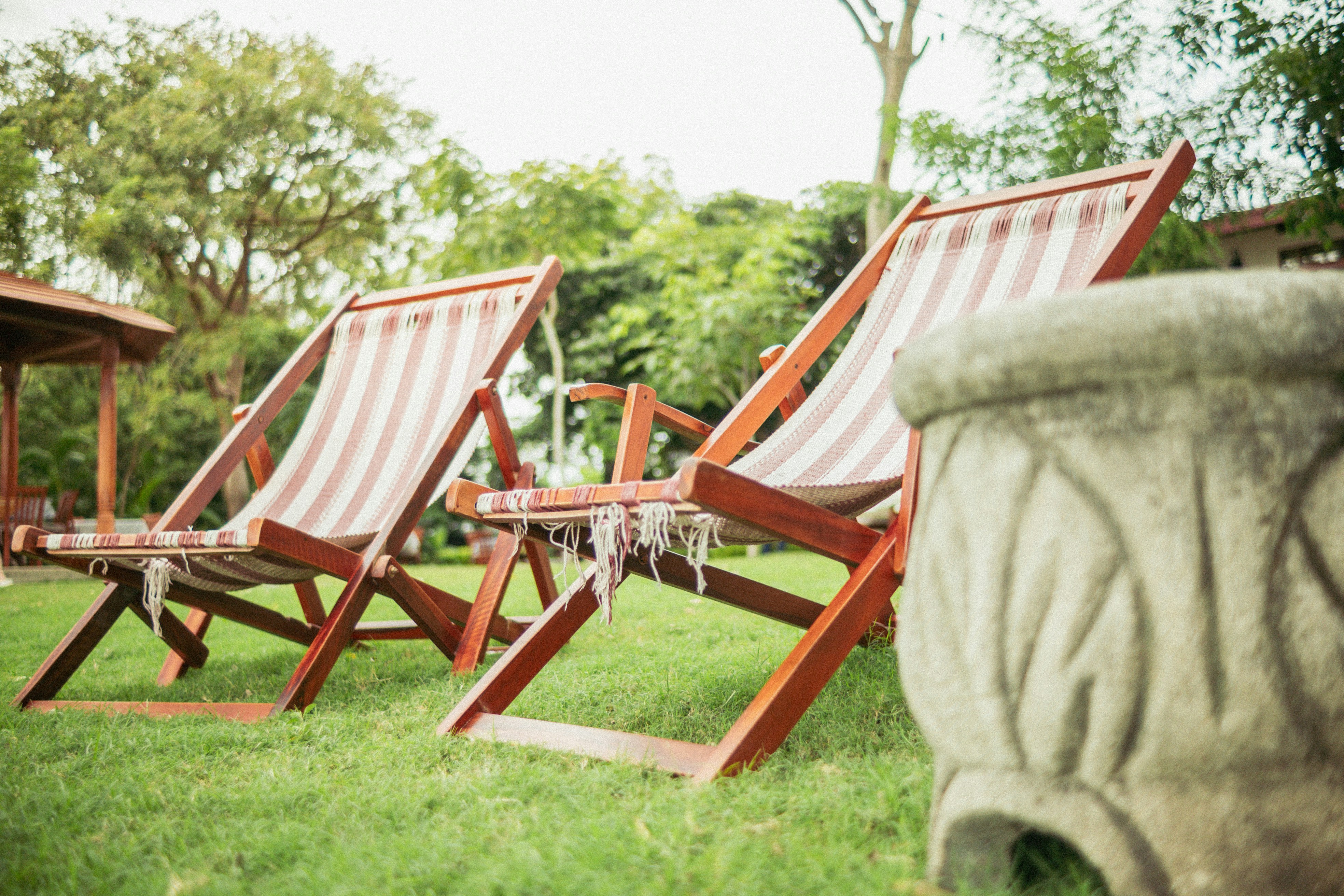 A row of lawn chairs sitting on top of a lush green field