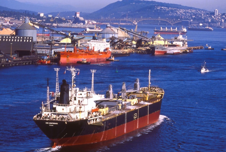 A large cargo ship in a body of water