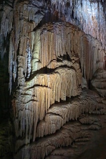 A cave filled with lots of stalate formations