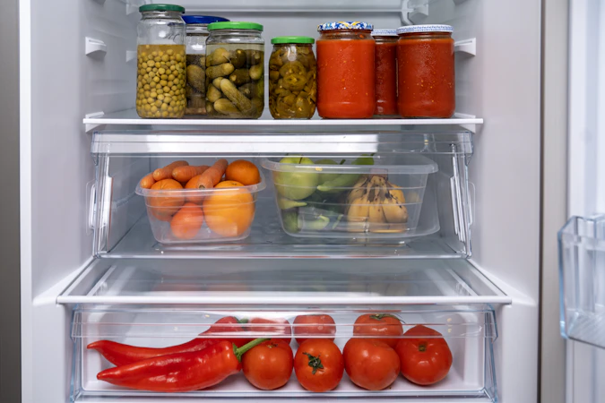Open refrigerator filled with organized fresh food and beverages