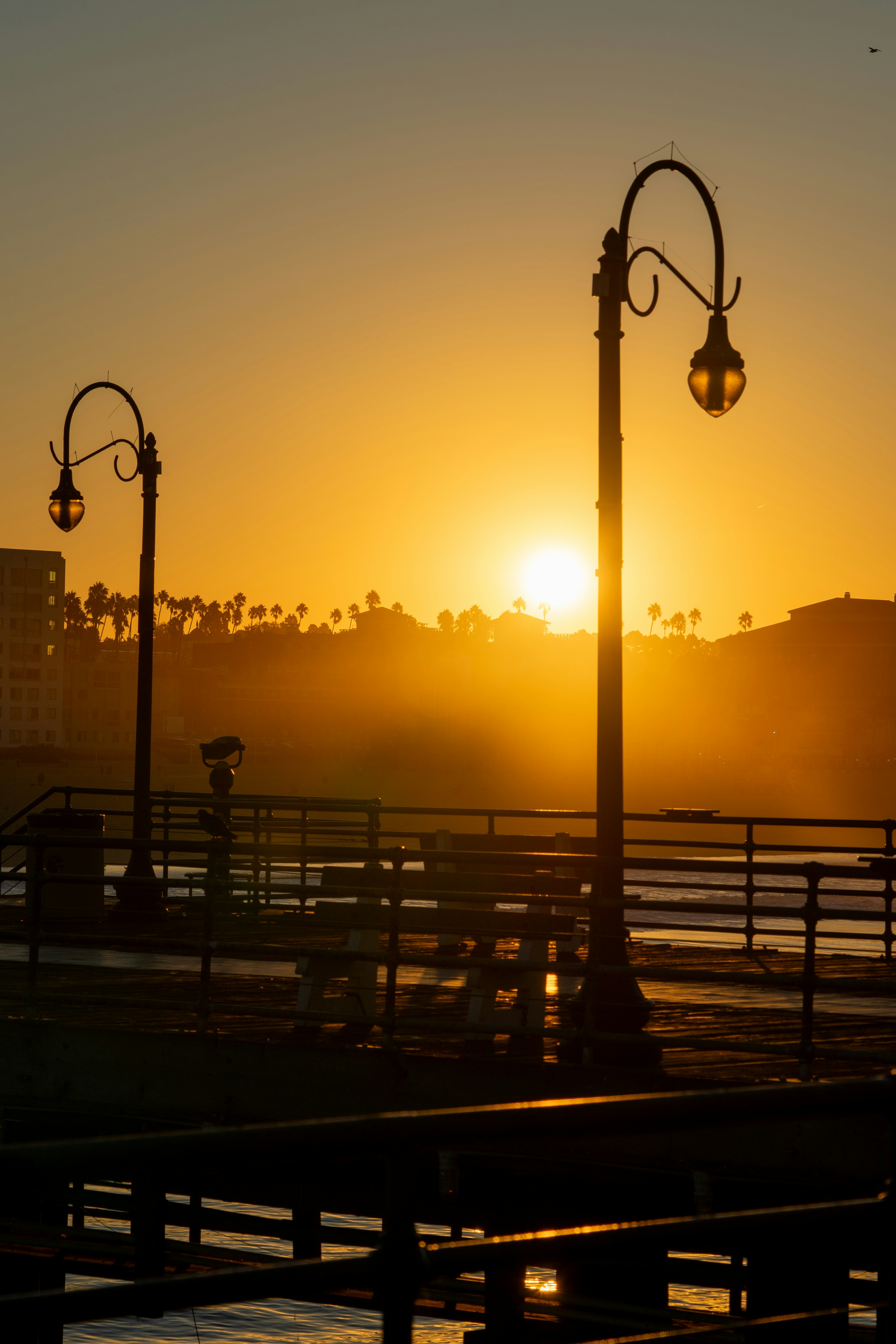 The sun is setting over a pier with street lights