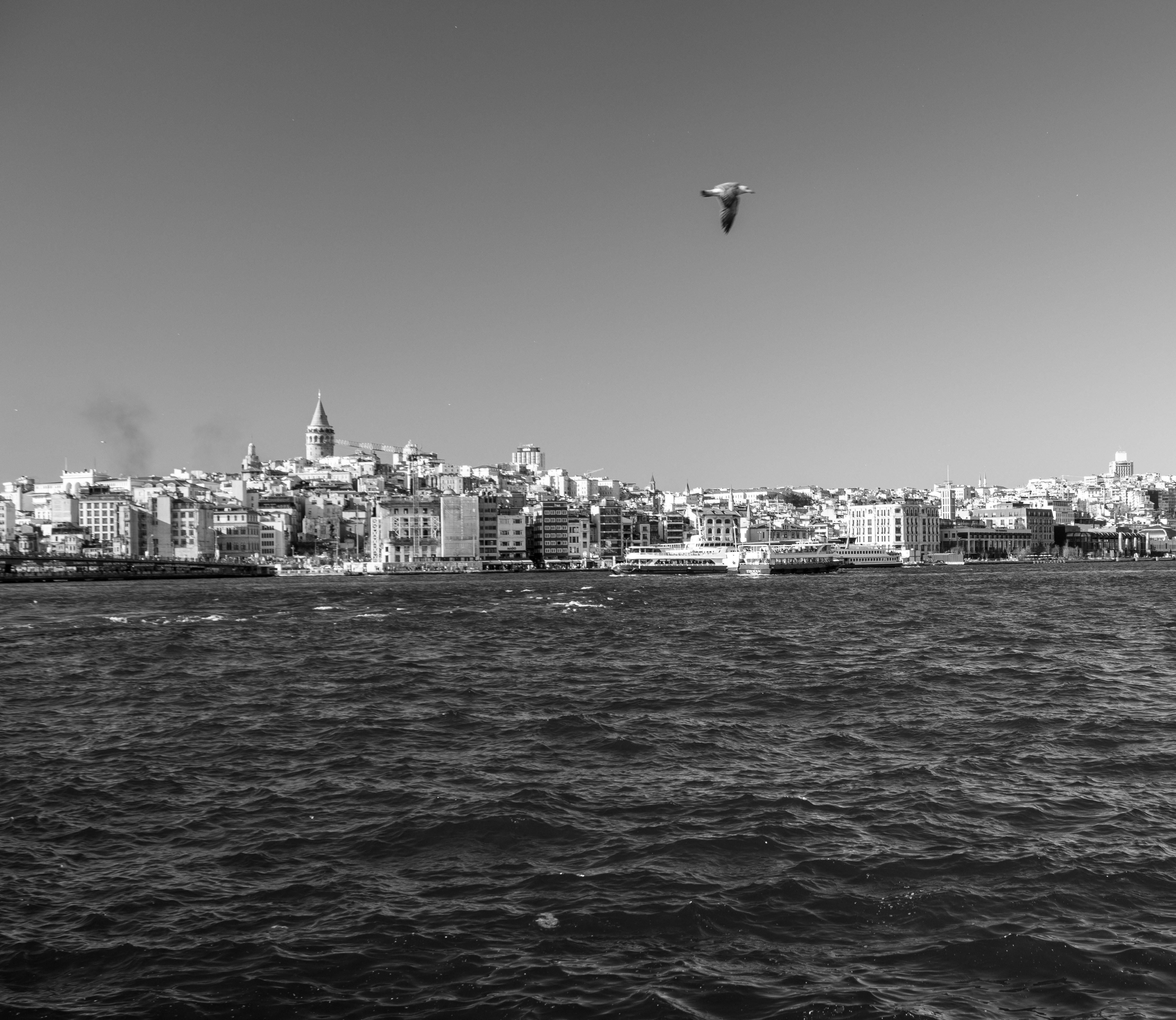 A large body of water with a city in the background
