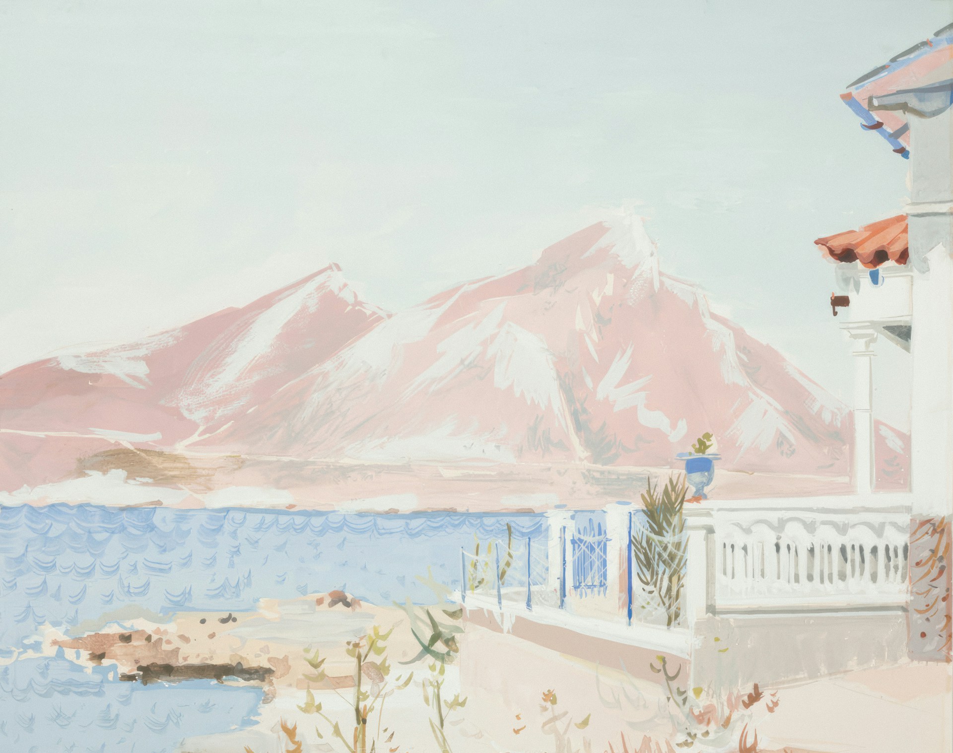 A painting of a house with a mountain in the background