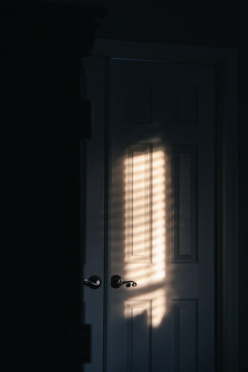 Soft sunlight falling in stripes across a closed door