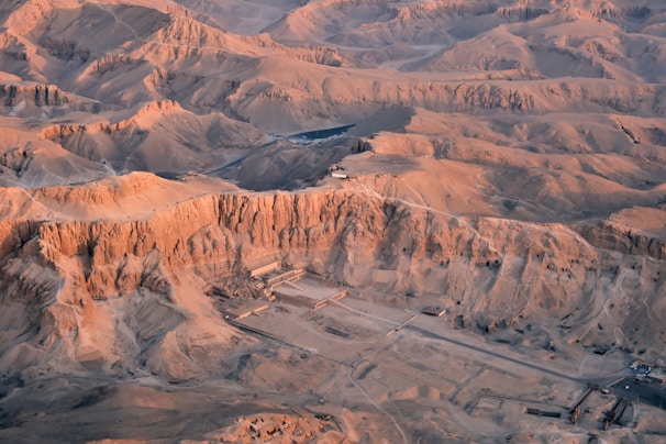 An aerial view of a mountain range in the desert