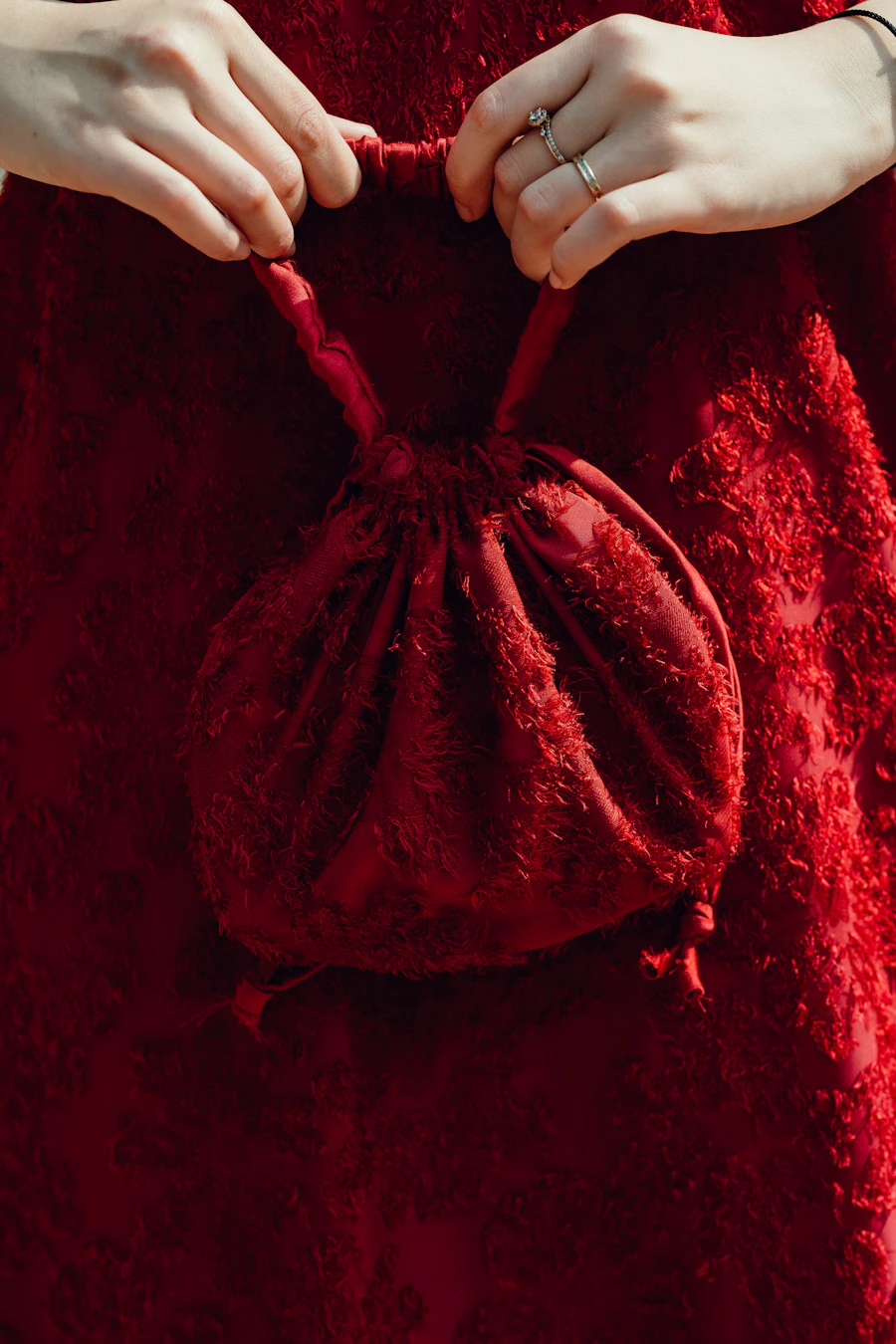 Red velvet potli bag with drawstring, traditional Indian purse
