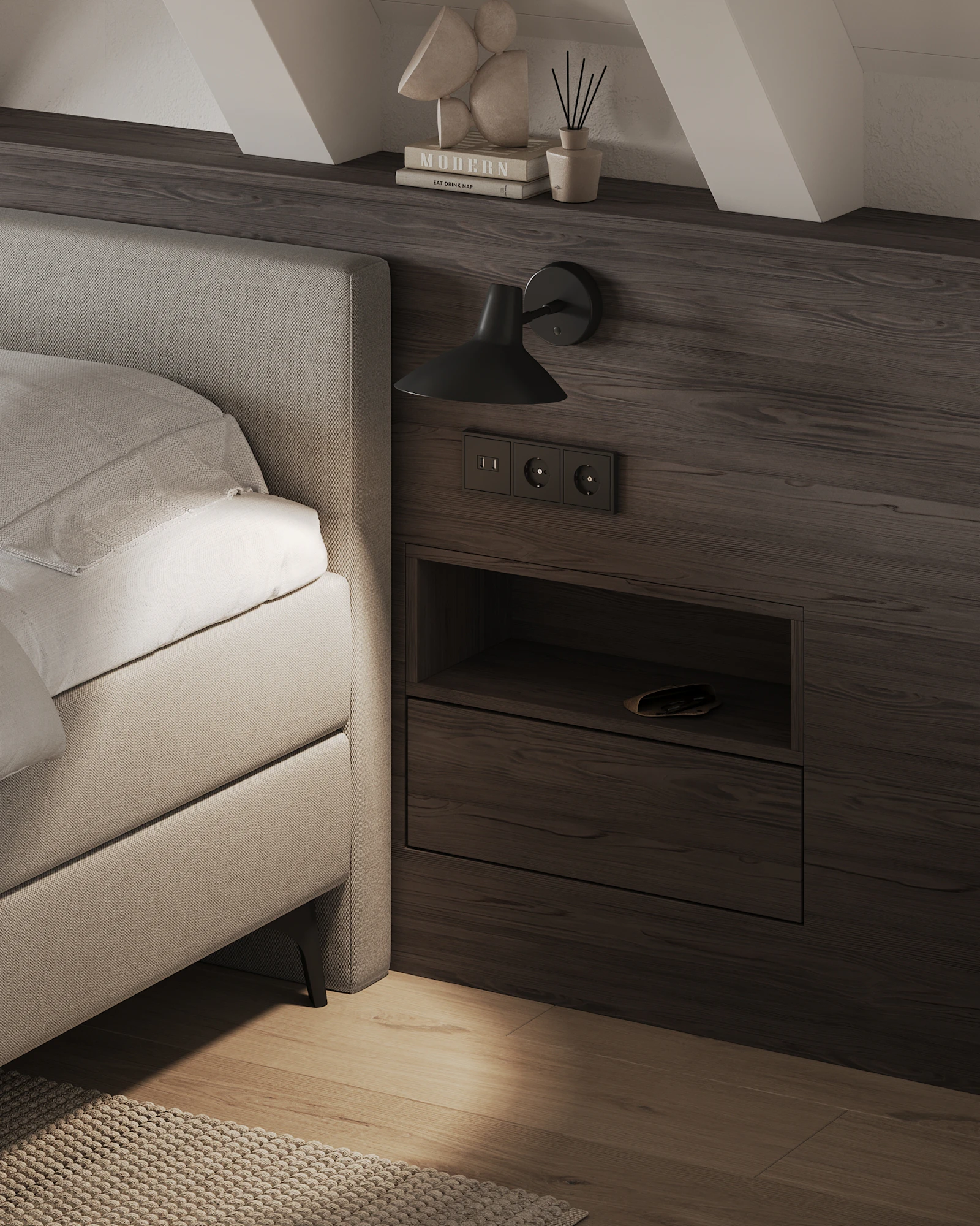 A calm, tidy bedroom with a made bed, nightstand and soft natural light from a window