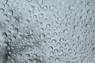 A close up of a rain covered window