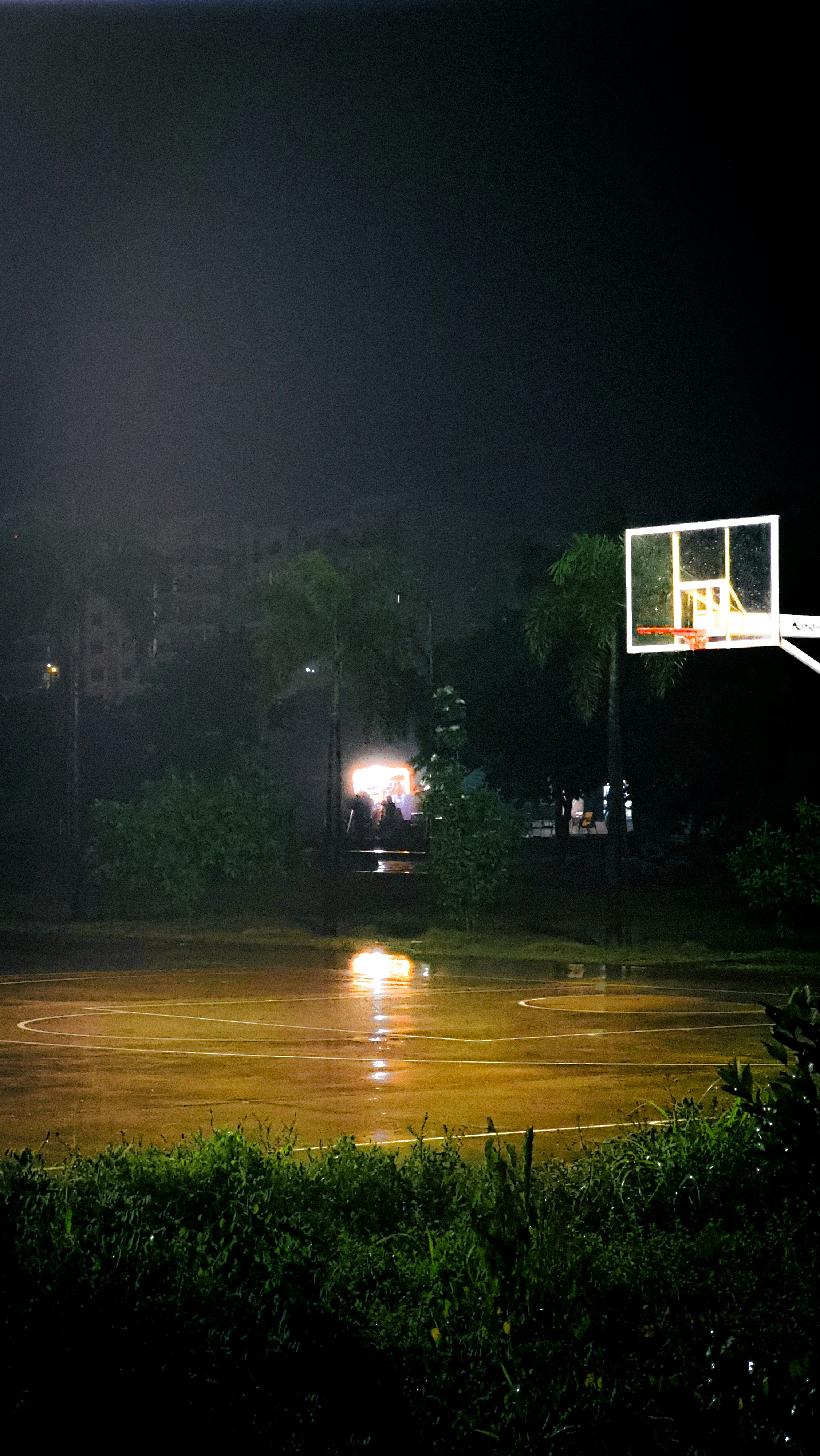 A basketball hoop in the middle of a flooded area