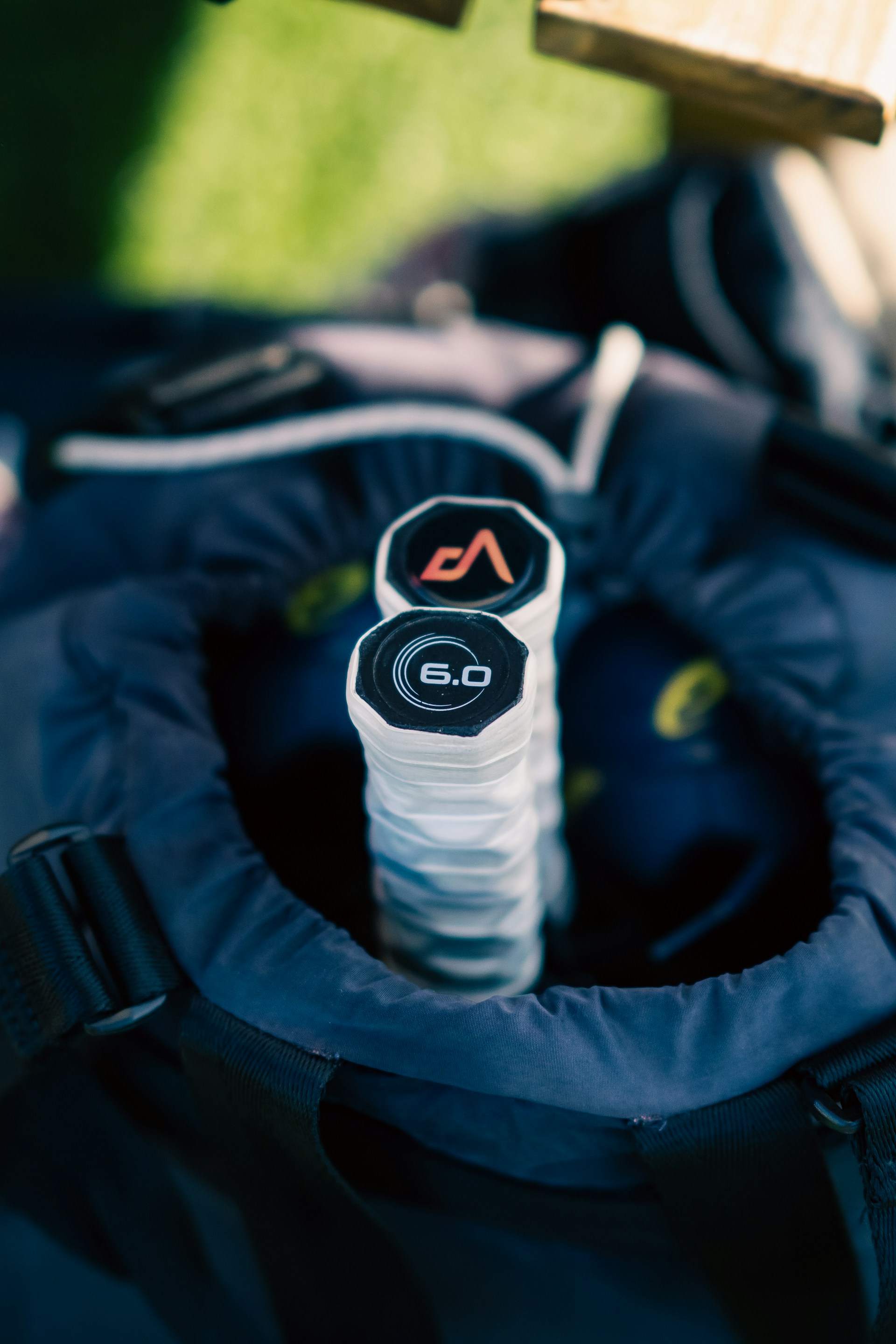 A close up of a bag with a frisbee in it