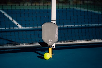 A Pickle ball racket and ball on a pickle ball court