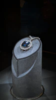 A diamond and sapphire ring on display in a glass case