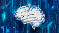 A computer circuit board with a brain on it