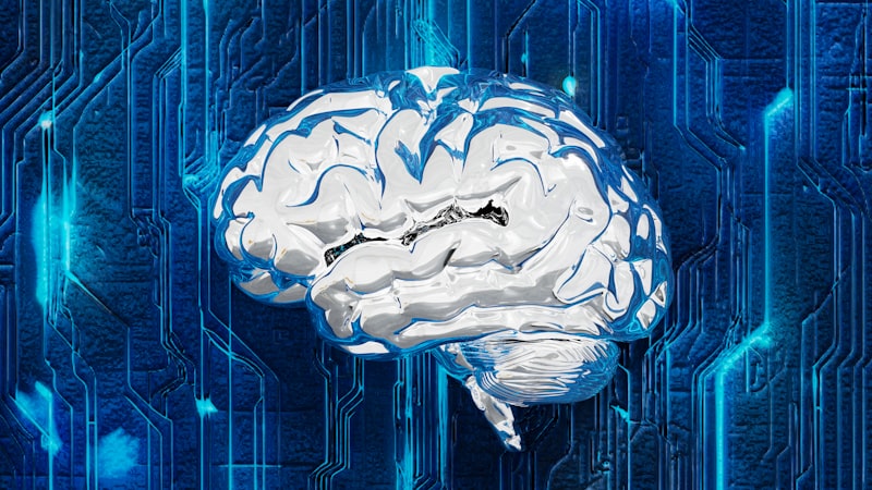 A computer circuit board with a brain illustration on it