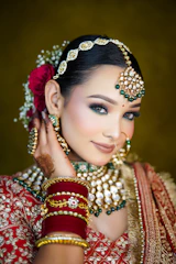 A woman in a red and gold outfit