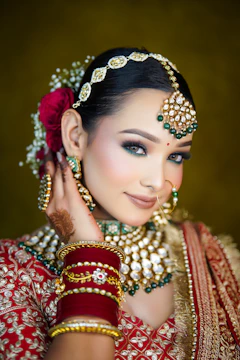 A woman in a red and gold outfit