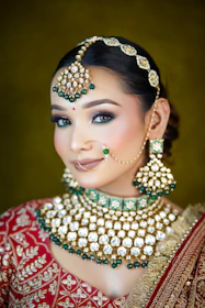 A woman in a red and gold outfit