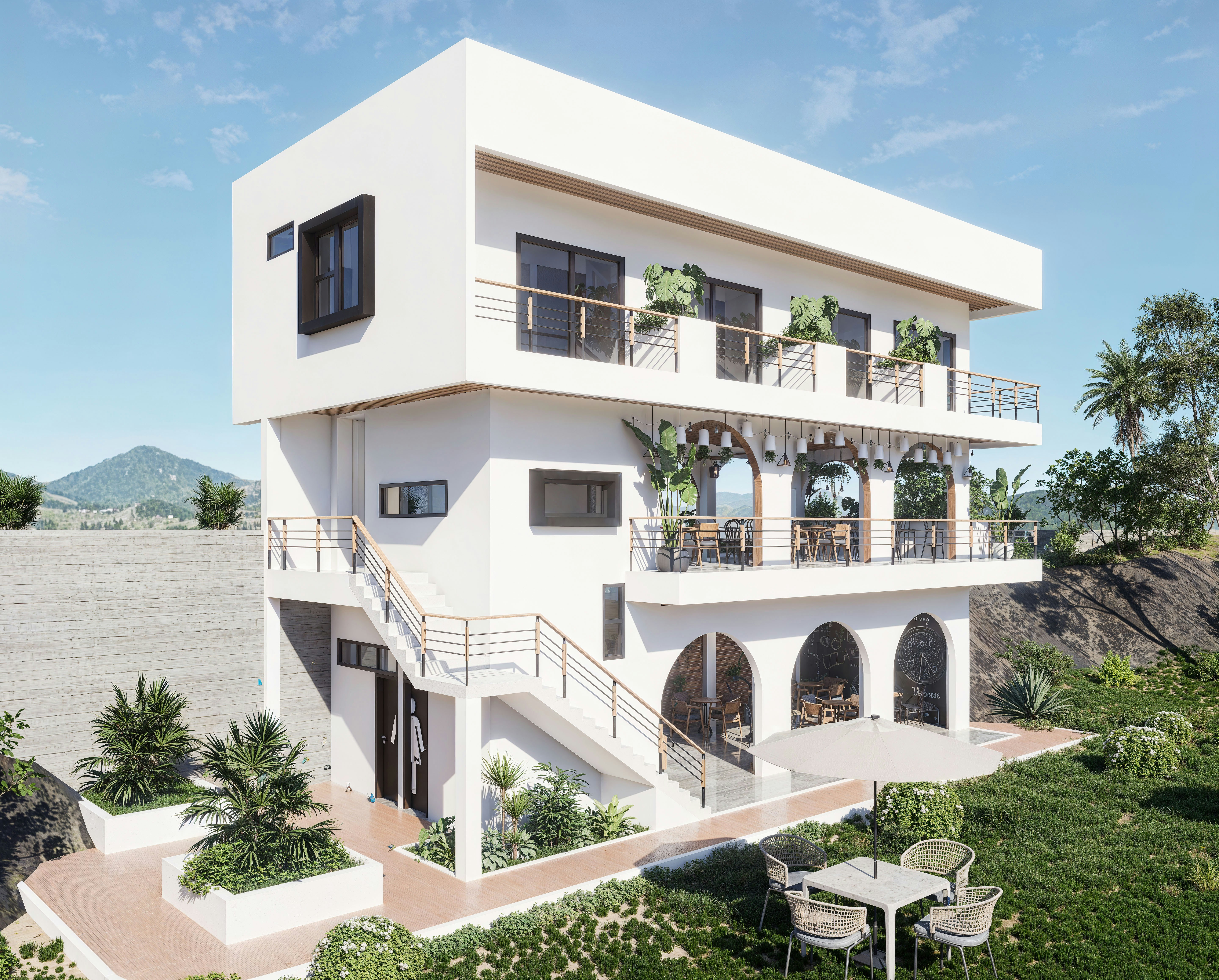 A large white house with a balcony and balconies