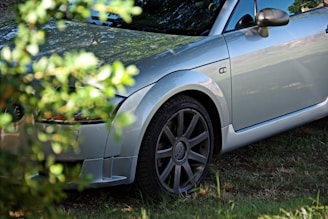 A silver sports car parked in the grass