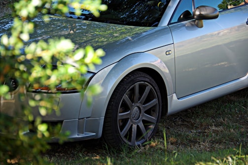 A silver sports car parked in the grass