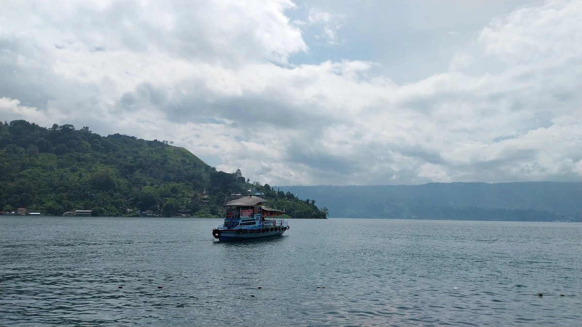 Panoramic volcanic super-lake views from Samosir Island in Lake Toba
