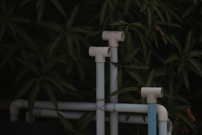 A close up of pipes and pipes in front of a tree