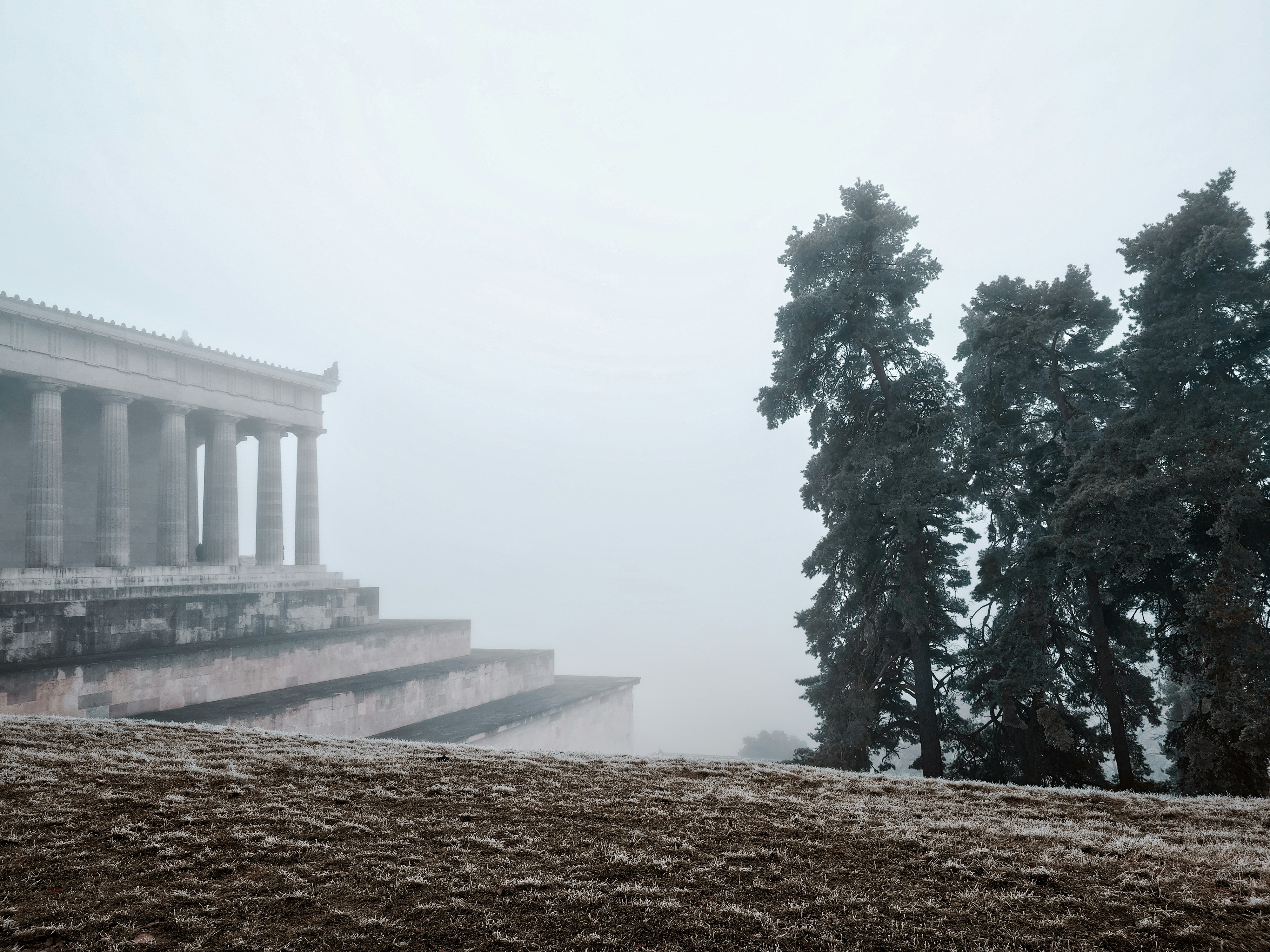 A foggy view of a building with trees in the background