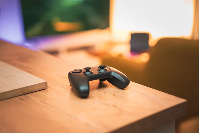 Game controller on a table in a cozy living room