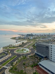 An aerial view of a city and a body of water