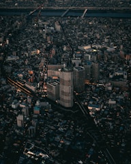 An aerial view of a city at night
