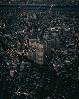 An aerial view of a city at night