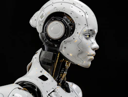 A white robot is standing in front of a black background
