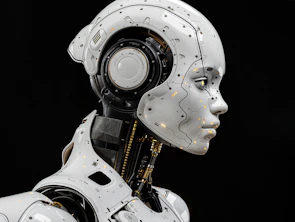 A white robot is standing in front of a black background