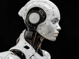 A white robot is standing in front of a black background
