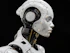 A white robot is standing in front of a black background