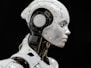 A white robot is standing in front of a black background