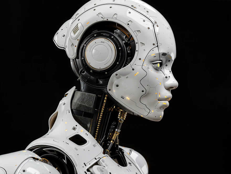 黒い背景の前に立つ白いヒューマノイドロボット