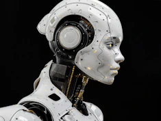 A white robot is standing in front of a black background