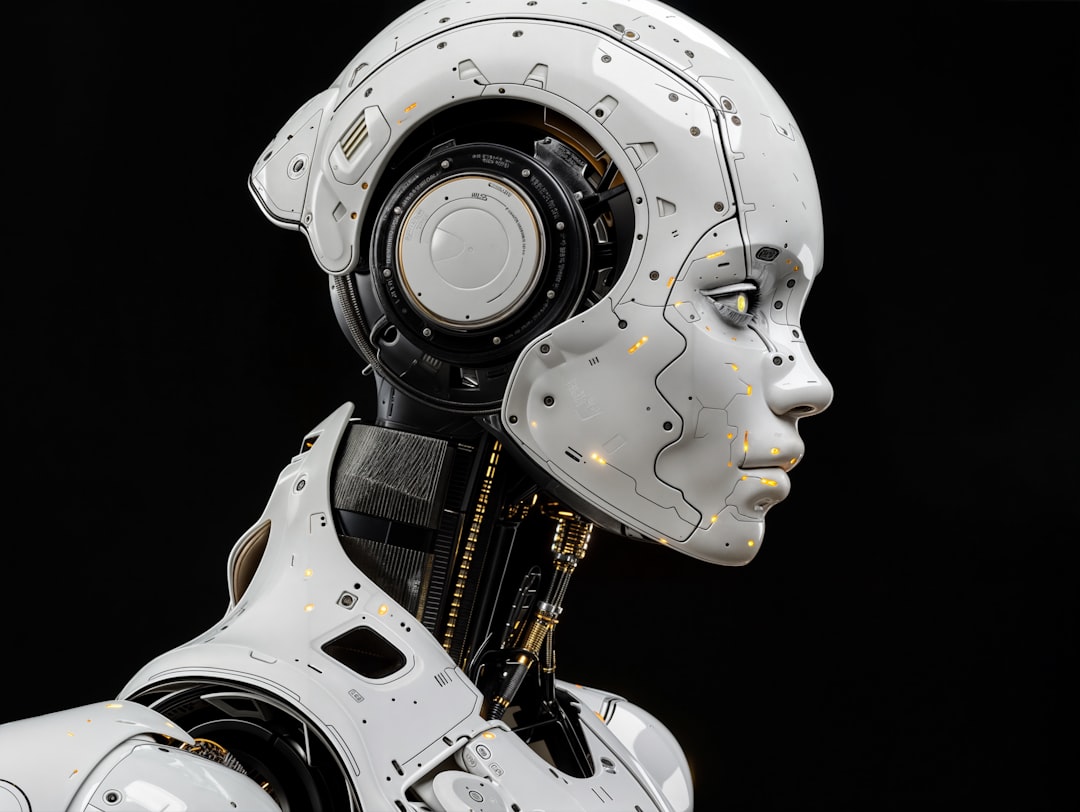 A white robot is standing in front of a black background, A face of a humanoid robot, side view on black background