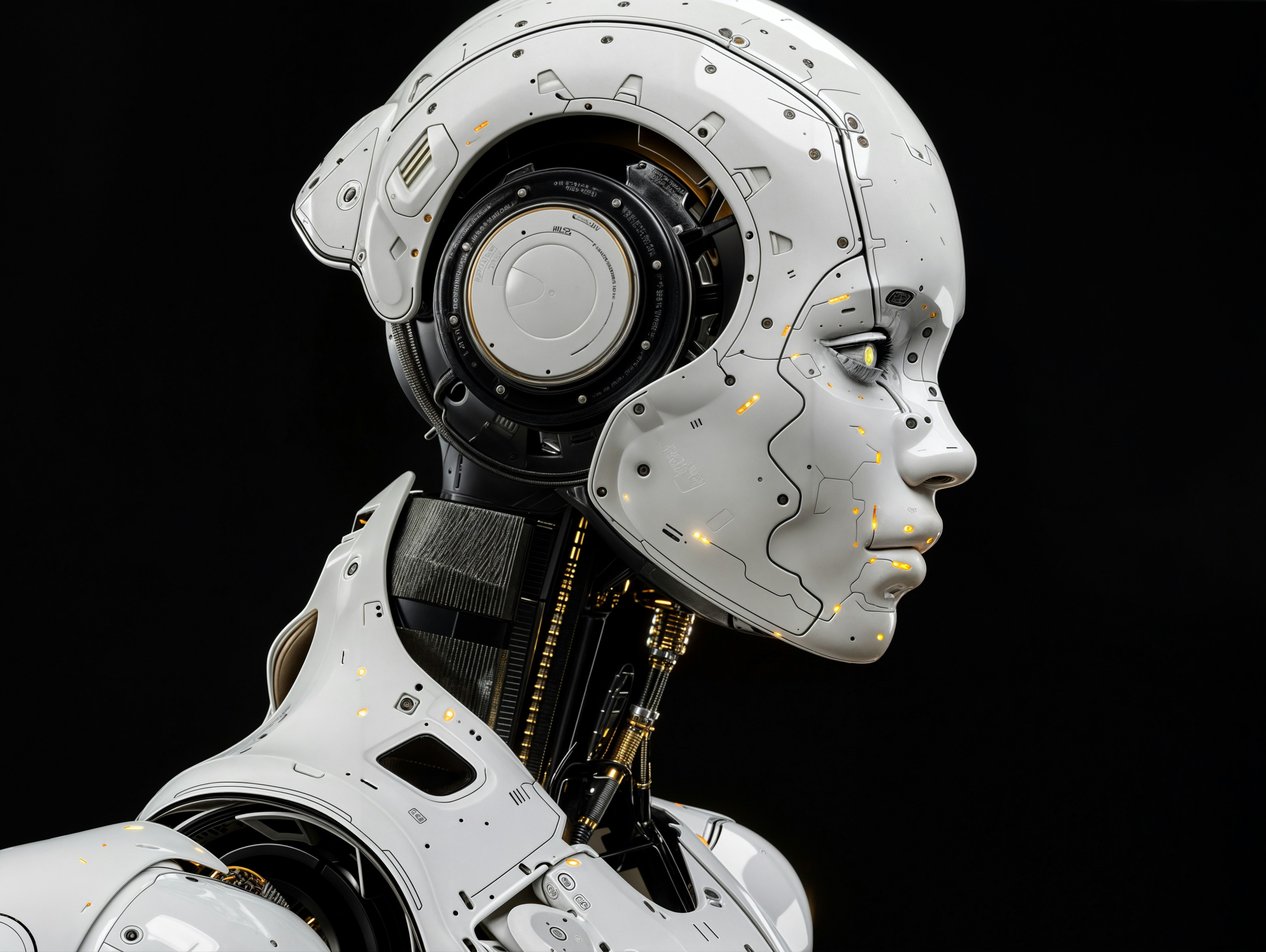 Branimo white robot standing against black background