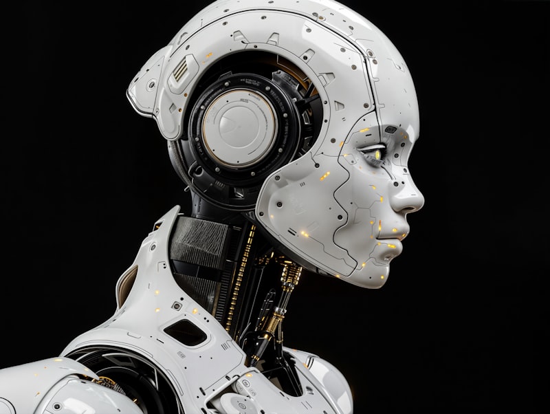 A white robot is standing in front of a black background