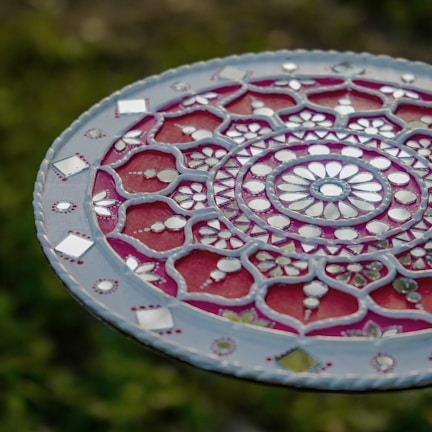 A red and white plate sitting on top of a green field